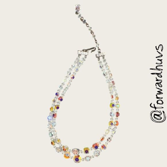 Mid-Century Double-Strand Aurora Borealis Necklace – Faceted Crystal Beads 1950s - Picture 3 of 7